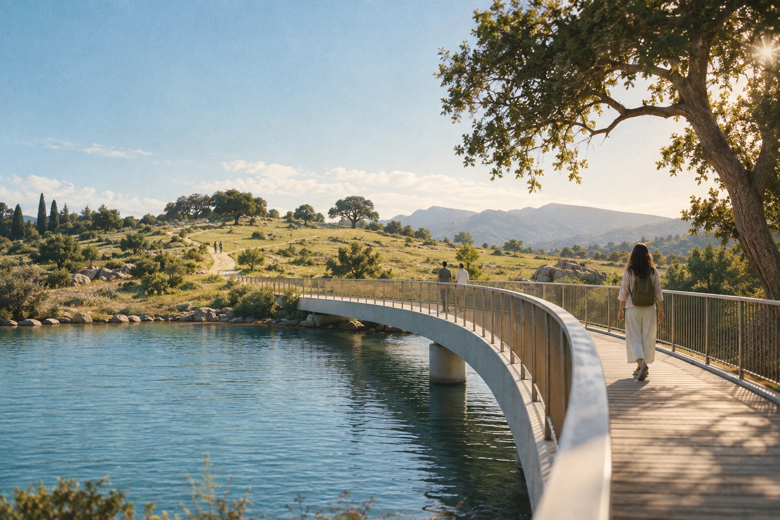 A sunlit bridge connecting the shore to an open meadow